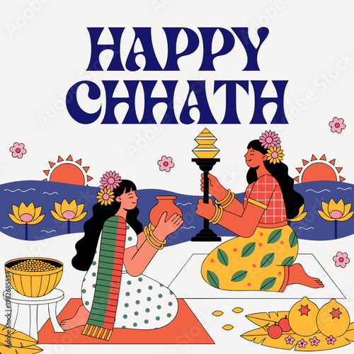 Happy Chhath festival greeting in colorful flat illustration