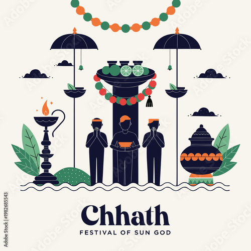 Chhath festival illustration in colorful traditional flat style
