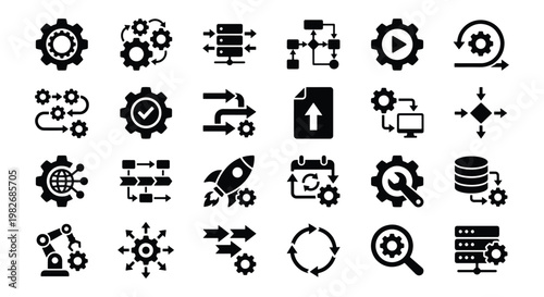 Automation and workflow icons set, 24 black solid vector symbols for business process optimization, industrial engineering and software development