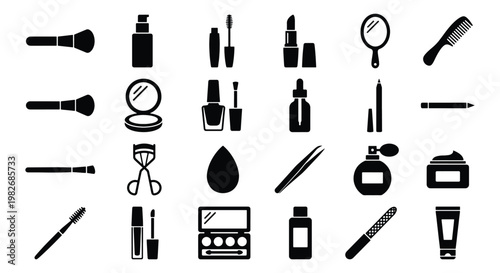Cosmetic icons set, 24 black makeup vector elements, beauty products and skincare tools collection, minimalist vanity and grooming symbols