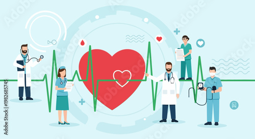Healthcare Team Around Heartbeat ECG: Doctors, Nurses, Cardiology, Medical Care, Health