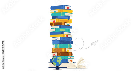 Educational pile featuring a paper airplane and world map