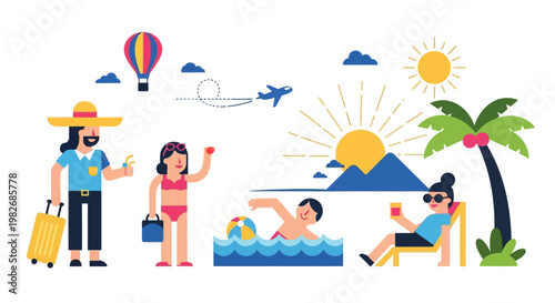 Illustration depicting a vibrant summer vacation scene with people enjoying various activities like swimming, sunbathing, and traveling