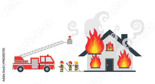 Firefighters battling a house fire with a ladder truck and hoses, demonstrating emergency response and fire safety efforts