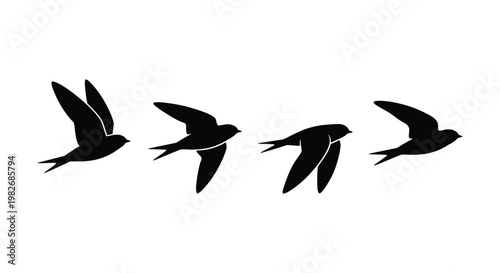 Minimalist flying swallow silhouettes, black bird flock in flight vector, elegant swift bird wing movement icons on white background