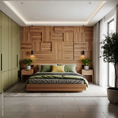 Modern bedroom interior with wooden wall paneling, olive green wardrobe, and natural decor elements