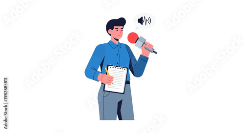 Journalist with Microphone and Notebook Recording an Interview or News Report, Demonstrating Communication and Information Gathering