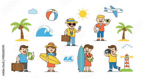 Vacation and Travel Fun A Collection of Diverse People Enjoying Summer Activities with Beach and Tropical Elements