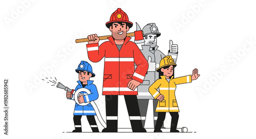 Illustration of a group of brave firefighters in uniform, standing strong and ready to protect, showcasing teamwork and heroism in emergency services
