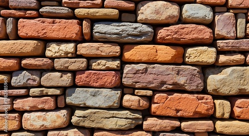 A rustic stone wall made of natural, multicolored, and textured rectangular stones stacked together in a drystack masonry pattern, creating a warm, earthy, and organic architectural background