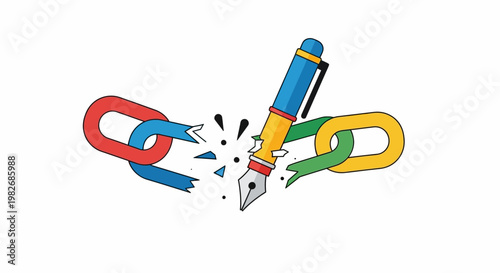 Broken link concept with a pen nib in the center symbolizing a broken connection, writing, and the concept of broken links in technology and communication