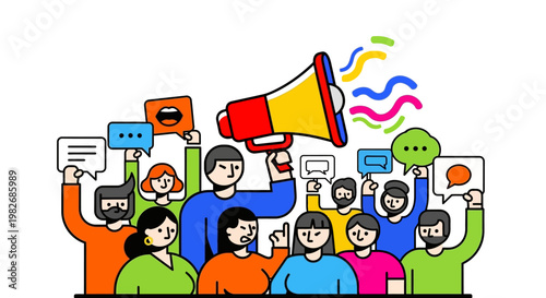 Group of diverse people with a megaphone and speech bubbles illustrating communication, protest, and public speaking in a modern, stylized illustration