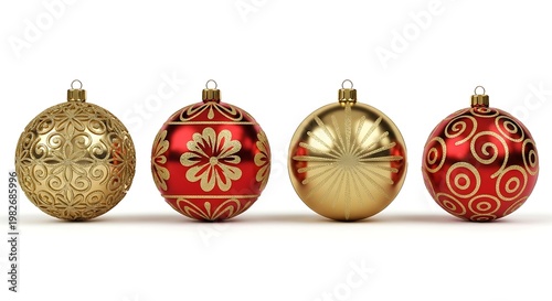 Set of four christmas balls with different gold patterns isolated on white background