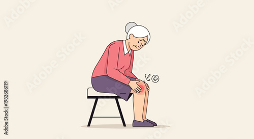 Elderly woman suffering from knee pain, arthritis, and joint discomfort while sitting.
