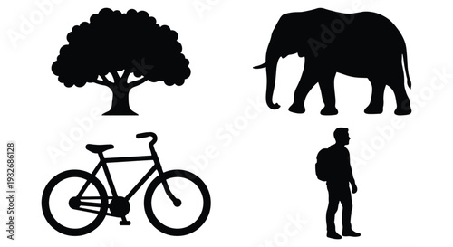 Black silhouette collection of African elephant, oak tree, bicycle, and man with backpack. Minimalist vector set of nature and travel icons on white background.