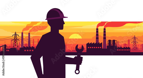 Industrial worker silhouette holding a wrench against a backdrop of factories and a sunset, symbolizing industry and labor