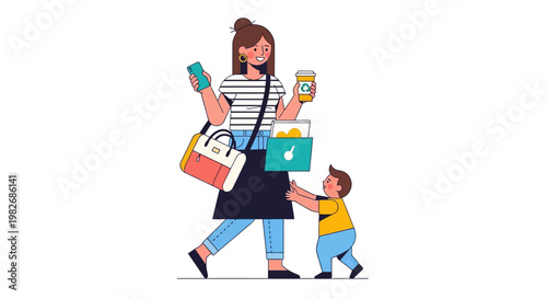 Busy Mother Juggling Daily Tasks, Child and Errands