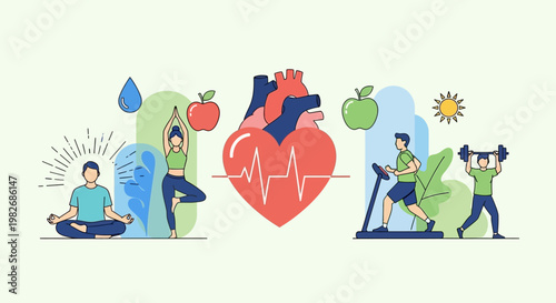 Healthy lifestyle concept: heart health, fitness, yoga, nutrition, and exercise