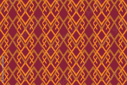 Premium Ikat vector design on a deep burgundy background, contrasted with golden orange and mustard yellow geometric motifs.
