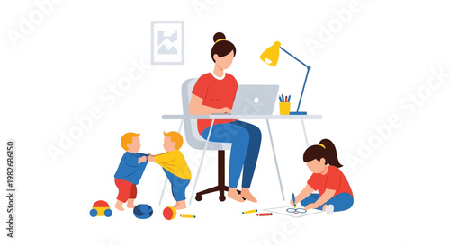 Mother working from home on laptop while children play around her