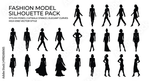 Fashion model silhouette pack with 22 stylish poses, catwalk stance and elegant curves, high-end vector style female figures for runway design