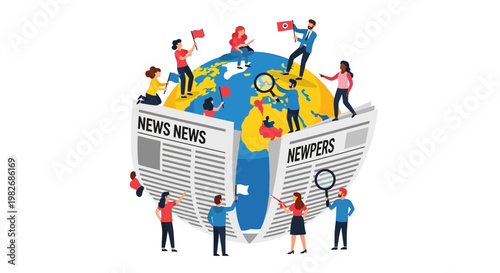 Global News and Information Network People Sharing and Analyzing World Events Through Magnifying Glasses and Flags on a Newspaper Globe