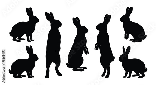 Rabbit silhouette collection with 7 vector elements, black bunny shapes in standing and sitting poses, wild hare animal silhouettes for nature design