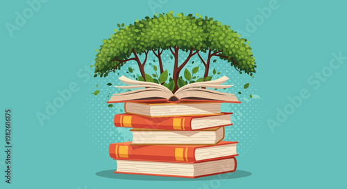An open book with lush green leaves growing like a tree