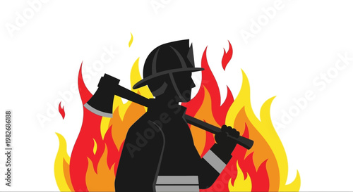 Brave firefighter silhouette stands in intense flames, axe ready for emergency rescue and fire protection activities