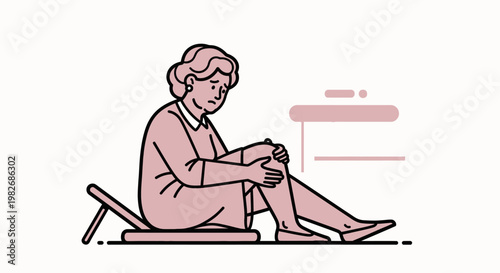 Elderly woman suffering from knee pain, sitting on a bench, holding her sore knee.