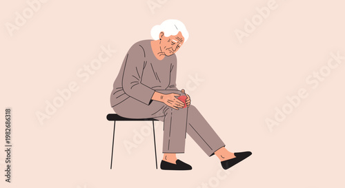 Elderly Woman Suffering from Knee Pain, Sitting on a Chair with Hands on Her Knee
