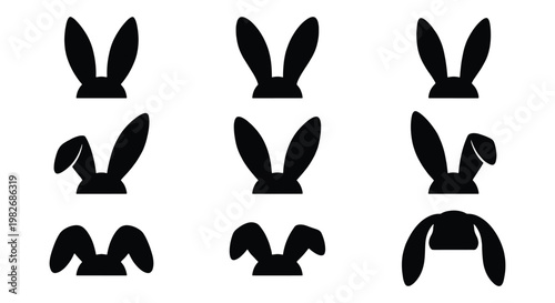Minimalist bunny ears silhouette set, 9 black rabbit ear icons for Easter, cute animal headbands for photo booth props and festive decor