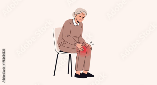 Elderly woman suffering from knee pain, sitting on a chair, red inflammation highlighted