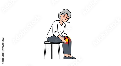Elderly woman suffering from knee pain, sitting on a stool with a pained expression.