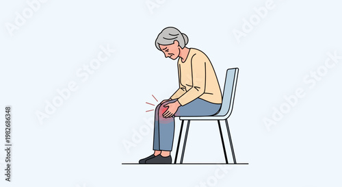 Elderly Woman Suffering from Knee Pain, Sitting on Chair, Red Area Highlighting Discomfort