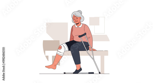 Elderly Woman with Injured Knee and Crutches Sitting on Bench, Medical Care Concept