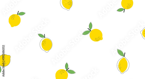 Seamless pattern of vibrant yellow lemons with green leaves scattered on a clean white background, perfect for summer themes and refreshing designs