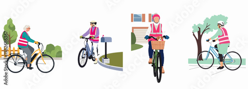 Set of vector illustrations featuring active senior women riding bicycles safely wearing helmets and reflective vests in suburban outdoor environments.
