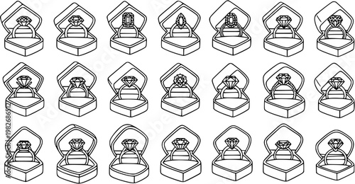 Black and White Line Art Outline Icons: Diamond Engagement Rings in Gift Boxes for Wedding, Jewelry, and Romance Industry Designs.