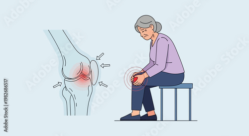Elderly woman with knee pain, arthritis inflammation, joint pain, medical illustration