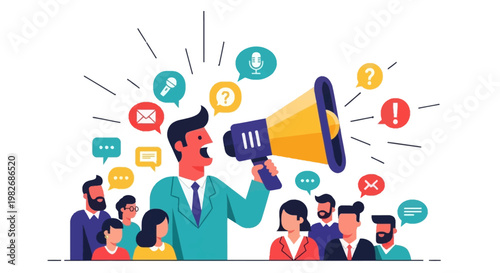Communication and Information Dissemination A Loudspeaker Amplifying Messages and Engaging with a Diverse Audience, Symbolizing Public Relations and Outreach