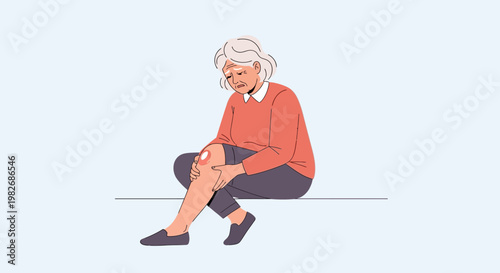 Elderly woman with knee pain, holding her leg, suffering from arthritis or injury.
