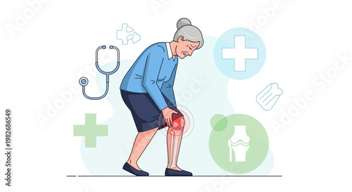 Elderly woman with knee pain, medical symbols, healthcare concept