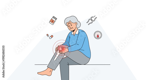 Elderly woman with knee pain, joint inflammation, and medication symbols