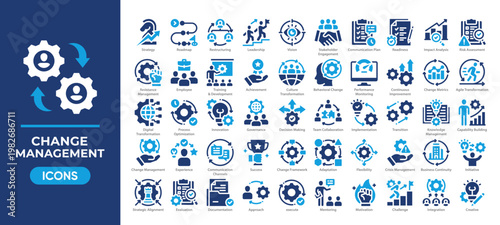 Change management icon set featuring strategy, transformation, leadership, and process improvement icon. Simple solid vector.