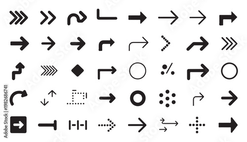Comprehensive solid arrow set featuring various styles for flowchart and infographic design.