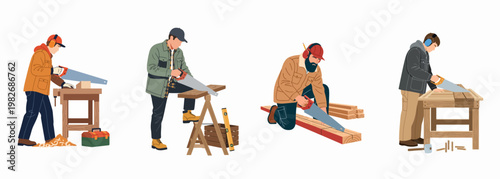 Collection of male woodworkers using hand saws to cut timber on workbenches and sawhorses, wearing safety gear, isolated on white background.