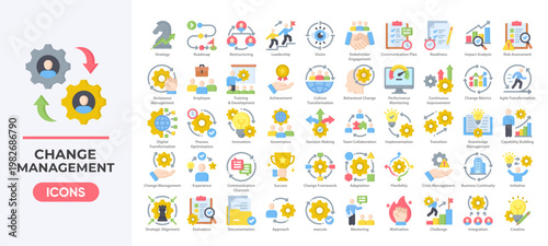 Change management icon set featuring strategy, transformation, leadership, and process improvement icon. Simple flat color vector.