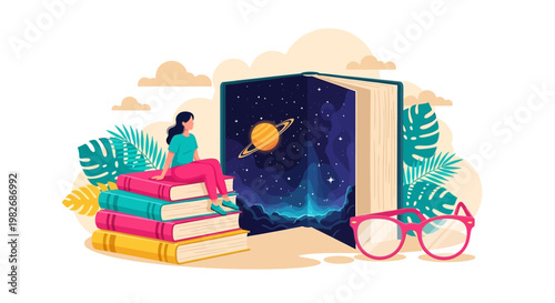 Beautiful Cosmos Portal Flat Vector Design Commemorating World Book Day