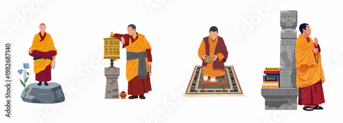 Collection of Buddhist monk illustrations depicting meditation, prayer wheel spinning, traditional tea ceremony, and study with sacred texts, isolated on white.